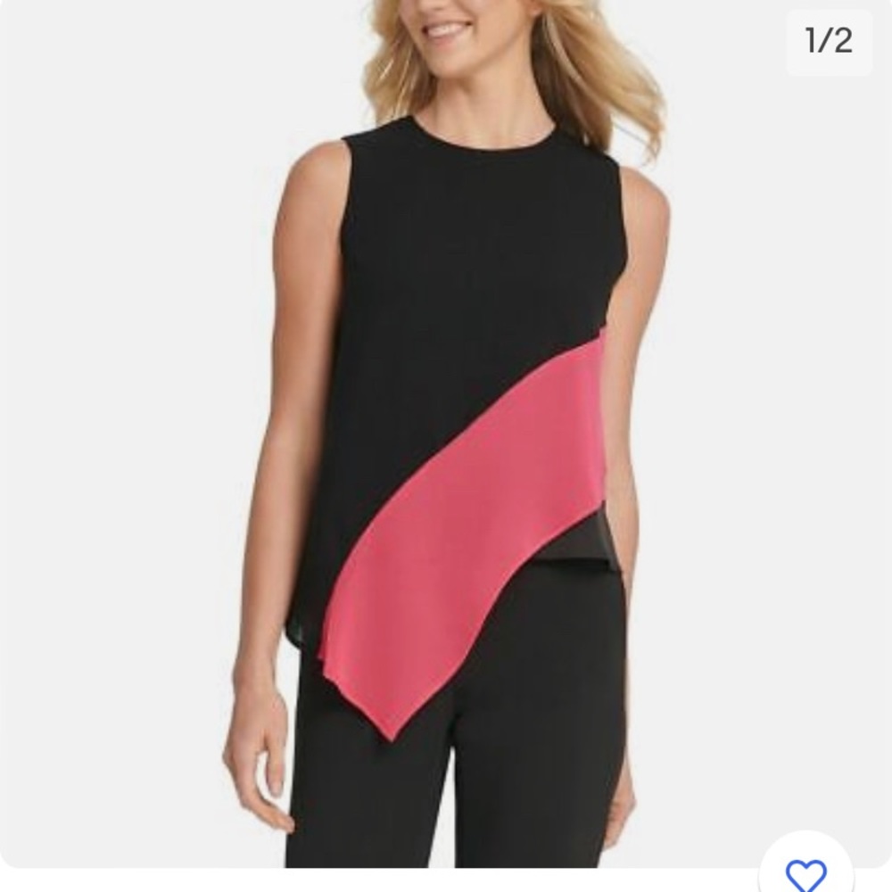 NWT DKNY BLACK & PINK SHORT SLEEVE BLOUSE. Size M